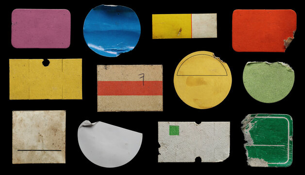 collection of blank old sticker, label, price tag template for mockup. isolated dirty, ripped, half peeled stickers
