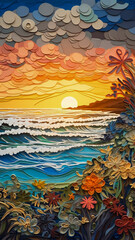 Paper quilling art representing a landscape with water, sky and trees. Created with Generative AI technology.