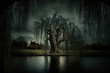 scary weeping willow tree in the evening, Generative AI