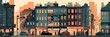 Flat 2d illustration city where people walking, some go to their work, cars on the road, high resolution. AI generative