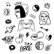 set of vector love symbols hand poke tattoo.