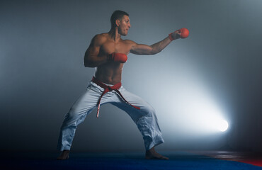 Wall Mural - One judoka fighter man in kimono practicing in the gym