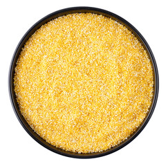 Wall Mural - Corn grits in black round plate, transparent background, top view, close-up