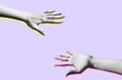 Human hands up contemporary art isolated on purple background for voting, teamwork, idea concept.