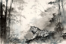 Ink Painting Tiger In The Forest, Generative AI