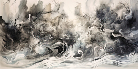 Landscape of tree and wave,  ink painting abstract art, Generative AI