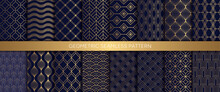 Luxury Art Deco, Geometric Ornamental Seamless Patterns, Gold Oriental Grid With Blue Background. Vinatge Design For Print Vector.