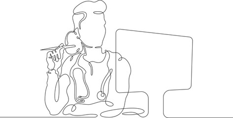 Wall Mural - One continuous line. Female doctor. Online therapist. Telemedicine. Remote diagnosis of a patient. Remote monitoring by a doctor. Doctor with computer, laptop.