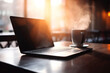 © Thares2020 - Coffee and Laptop on Blurred Desk Background: Workspace, Technology, and Business