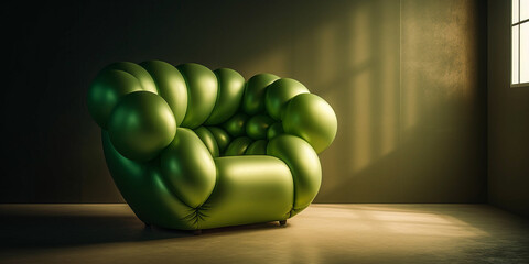 green futuristic unique modern art inflatable armchair in a a minimalistic living room, created with generative ai