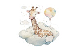 Fototapeta Dziecięca - Safari Animal set giraffe sleeps on a cloud, crescent moon in watercolor style. Isolated. Generative AI