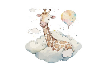 Safari Animal set giraffe sleeps on a cloud, crescent moon in watercolor style. Isolated. Generative AI