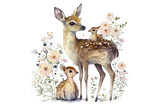 Fototapeta Dziecięca - Safari Animal set deer with a fawn with an owlet in flowers in watercolor style. Isolated . Generative AI