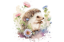 Safari Animal Set A Hedgehog With Flowers In Watercolor Style. Isolated. Generative AI