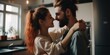 © ckybe - Life moments. Happy loving young couple dancing romantic dance on date in modern kitchen, smiling husband and wife celebrating anniversary. Generative Ai.