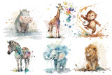 Fototapeta Dziecięca - Safari Animal set zebra, lion, elephant, giraffe, hippopotamus, monkey in watercolor style. Isolated . Generative AI