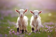 Two Young Goats Standing Amidst A Field Of Vibrant Purple Flowers. Generative AI