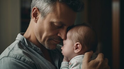 Middle age Caucasian father kissing sleeping newborn baby girl. Parent holding rocking child daughter son in hands. Authentic lifestyle parenting fatherhood. Generative ai.