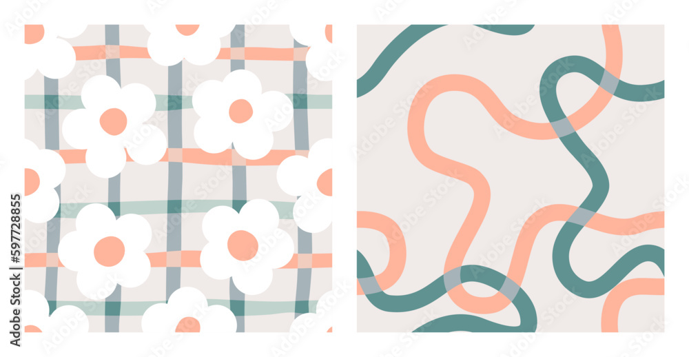 1970 Daisy seamless pattern pack with trippy grid and squiggle. Naive ...