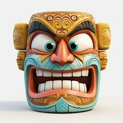 Wall Mural - Funny Cartoon Tiki Mask Isolated on White Background. Generative ai