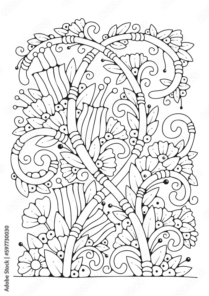 Coloring book page for children and adults. Black and white flowers for ...
