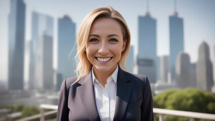 Business portrait of joyful woman in suit on blurred city background with mockup. Generative AI.