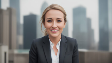Business portrait of woman in black suit on blurred city background with copy space. Generative AI.