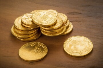 Poster - Stack of Shiny Gold Coins on a Wooden Table. Generative AI