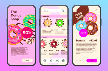Donut online shop order sale mobile application web page interface template set realistic vector