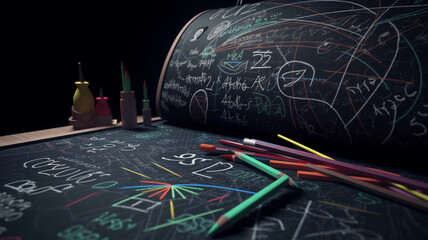 A close-up of a chalkboard with mathematical equations and formulas written in white chalk. The board is surrounded by colorful stationery. generative ai.
