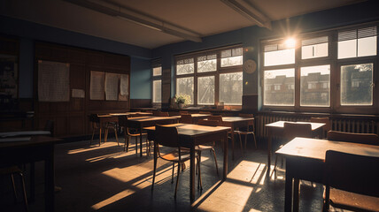 Wall Mural - A spacious classroom with a clean and polished blackboard taking up most of the wall, surrounded by wooden desks and chairs, textbooks and notepads on the desks. teacher day concept. generative ai.