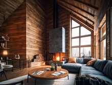 Luxury Decorated Interior Of Wooden Chalet Generative AI