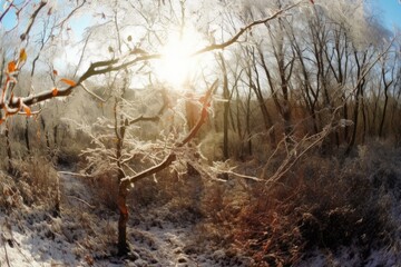 Poster - sunlight filtering through snowy trees. Generative AI