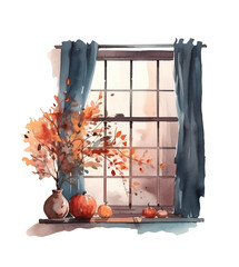 Watercolor autumn window with dried leaves and pumpkins. Countryside fall house illustration
