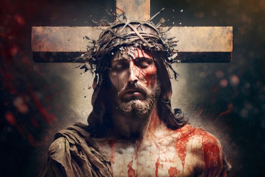 powerful and poignant image of jesus christ on the cross, conveying sacrifice, salvation, and hope. 