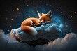 © Kishore Newton - A cute fox sleeping on a cloud and sky filled with stars. Generative AI