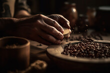 Old Man's Hands Hold Black Coffee. Scattered On The Table. Bag With Grains On A Dark Background. Ai Generative