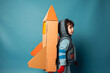 © ink drop - A child playing with a cardboard toy rocket space ship. Childhood ambition concept. Generative ai