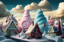 Fantasy Village Or Town Made Of Sweets, Ice-cream, Marshmallow, Cookies, Candies, Lollypops, Cakes, Cupcakes, Street View. Colorful Sweet World With Houses And Buildings.