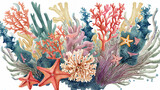 Watercolor underwater floral bouquet with corals and starfish, hand drawn illustration on white background,  generative Ai