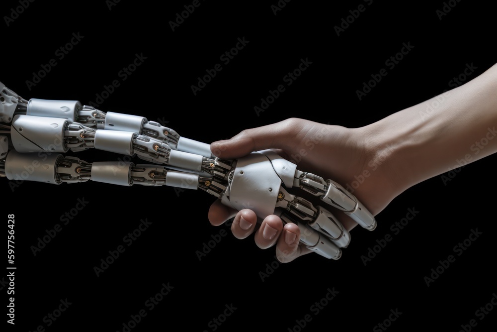 Handshake between futuristic cyborg robot and human hands. Working with artificial intelligence or AI. Future and communication concept. Robot and Man Shaking Hands close up. 