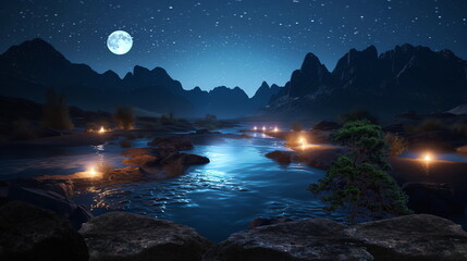 Wall Mural - night llandscape, waterfal in lagoone and mountains waterfal and trees sea water starry sky and moon