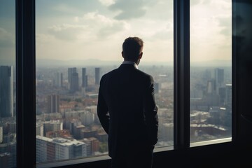 A businessman seen from behind is looking out of an office window in the big city created with generative AI technology.