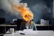 © Stock'd  - burnout woman at work in office with head on fire due to stress, created with generative ai