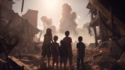 Children witness the chaotic and brutal reality of war, Generative AI