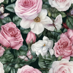 Wall Mural - Seamless Watercolor Roses Pattern, Floral Background, Generative AI