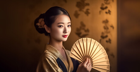 Wall Mural - A beautiful Japanese girl dressed in a traditional golden outfit holds a paper fan, captured in a golden light, in a blend of vintage and contemporary traditional interior Asia design. generative AI