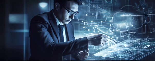 Digital technology, internet network connection, big data, digital marketing IoT internet of things. Man using modern computer surfing internet futuristic innovative technology background