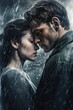 © alexkoral - couple in love hugging in the rain. Stylish book cover of romantic novel with a double exposure. Generative AI illustration