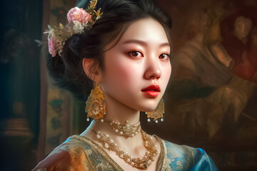 Wall Mural - A portrait of a gracefully poised Asian woman, dressed in a lavish and intricate outfit with intricate accessories, exuding elegance and refinement. generative AI